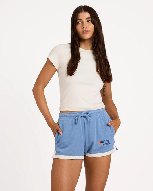 Image of a model wearing Shorts. Product name - Billabong Womens Surf Le Soleil Elastic Waist Shorts Blue Horizon in Blue Horizon colour by brand - Billabong