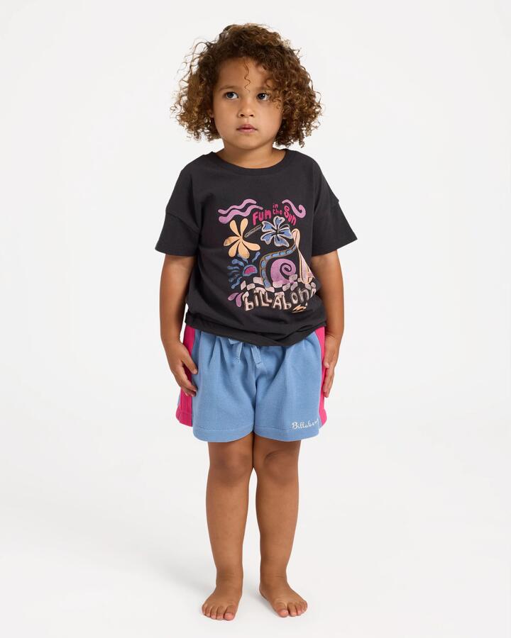 Image of a model wearing Shorts. Product name - Billabong Girls 0-5 Aloha Club Olly Elastic Waist Shorts Blue Horizon in Blue Horizon colour by brand - Billabong