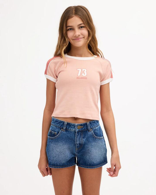 Image of a model wearing Shorts. Product name - Billabong Girls 6-16 Salty Club Denim Shorts Waterdrop Blue in Waterdrop Blue colour by brand - Billabong