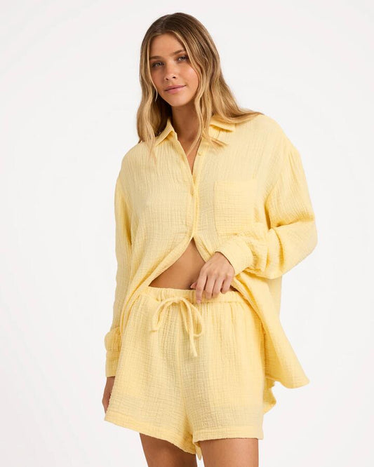 Image of a model wearing Shorts. Product name - Billabong Womens Wanderer Elastic Waist Shorts Sunlight in Sunlight colour by brand - Billabong
