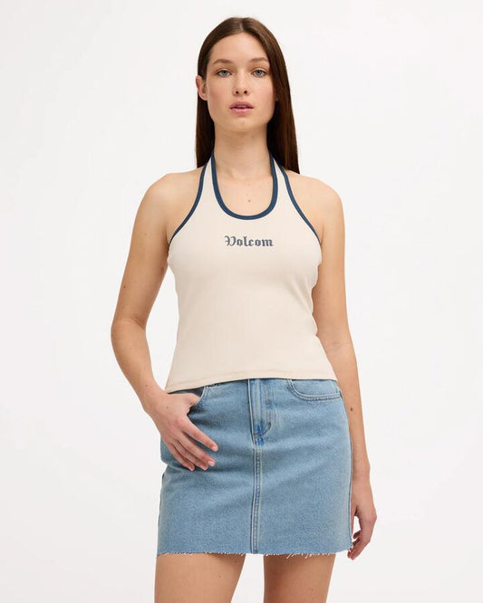 Image of a model wearing Tops. Product name - Volcom Womens We Tanked Top Dirty White in Dirty White colour by brand - Volcom