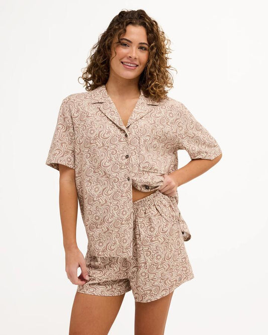 Image of a model wearing Shorts. Product name - Quiksilver Womens Serene Elastic Waist Shorts Almond in Almond colour by brand - Quiksilver