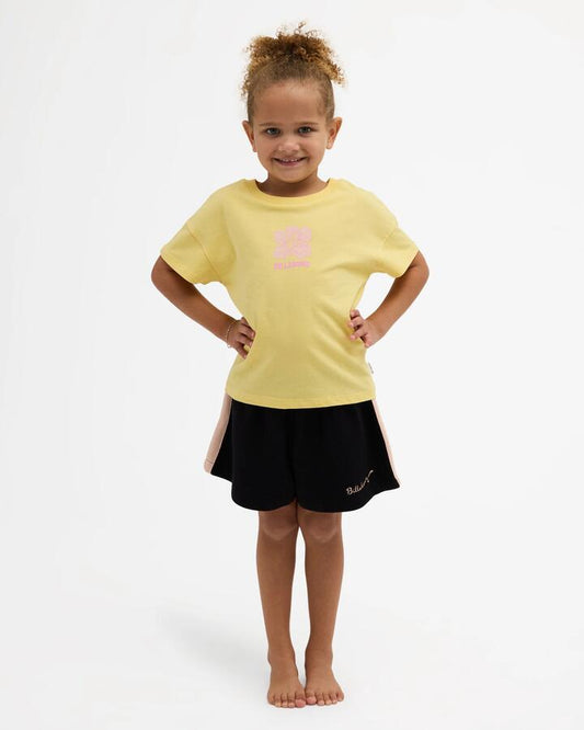 Image of a model wearing Shorts. Product name - Billabong Girls 0-5 Aloha Club Olly Elastic Waist Shorts Black Pebble in Black Pebble colour by brand - Billabong