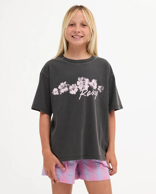 Image of T-Shirts. Product name - Roxy Girls 8-16 Flower Chain T-Shirt True Black in True Black colour by brand - Roxy