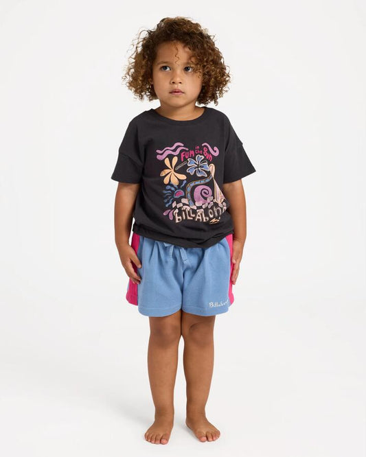 Image of a model wearing Shorts. Product name - Billabong Girls 0-5 Aloha Club Olly Elastic Waist Shorts Blue Horizon in Blue Horizon colour by brand - Billabong