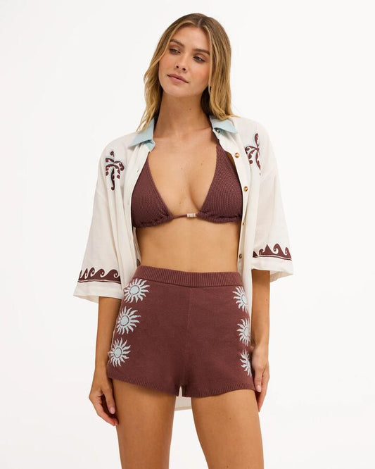 Image of a model wearing Shorts. Product name - Billabong Womens Sun Shadow Elastic Waist Shorts Espresso in Espresso colour by brand - Billabong
