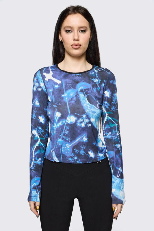 Image of a model wearing Tops. Product name - Cyanotype Goth Top in Blue colour by brand - Black Friday