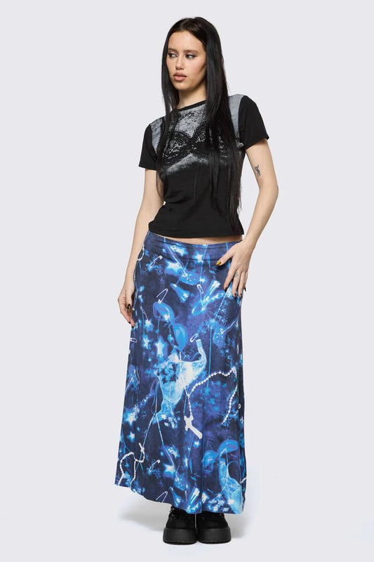 Image of a model wearing Skirts. Product name - Cyanotype Goth Midi Skirt in Blue colour by brand - Black Friday