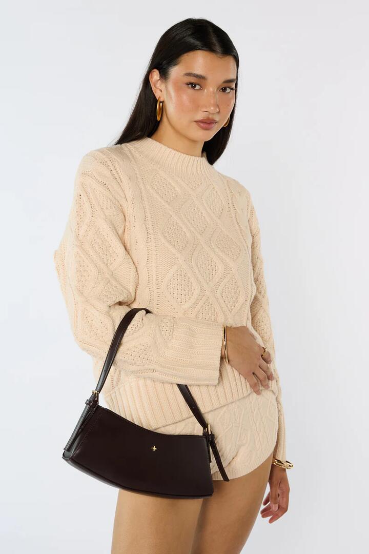Image of Bags. Product name - Bessi Chocolate Vegan Leather Gold Hardware Shoulder Bag in Chocolate colour by brand - Peta + Jain