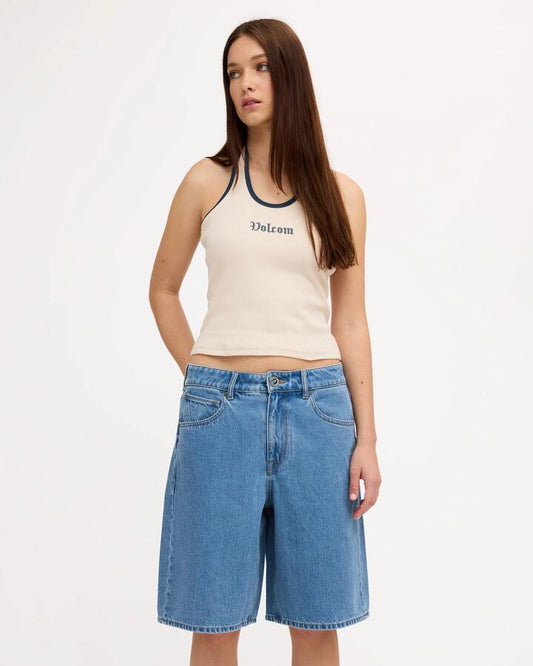 Image of a model wearing Shorts. Product name - Volcom Womens Legged It Denim Shorts Cali Blue in Cali Blue colour by brand - Volcom