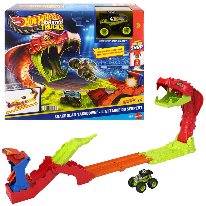 Image of Toy Cars. Product name - Hot Wheels Monster Trucks Snake Slam Takedown Playset in colour by brand - Hot Wheels