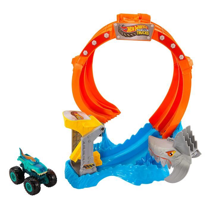 Image of Toy Cars. Product name - Hot Wheels Monster Trucks Spiral Shark Smash in colour by brand - Hot Wheels