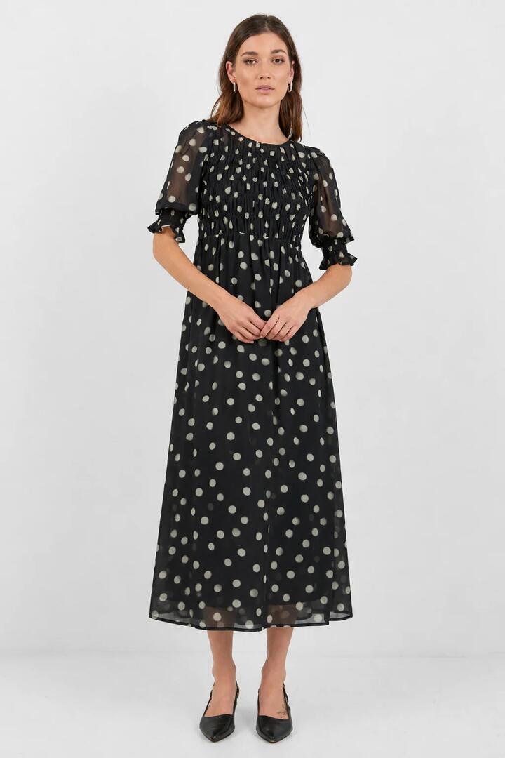 Image of Dresses. Product name - Showcase Black Polka Dot Georgette Puff Sleeve Maxi Dress in Black Polka Dot colour by brand - Ivy + Jack