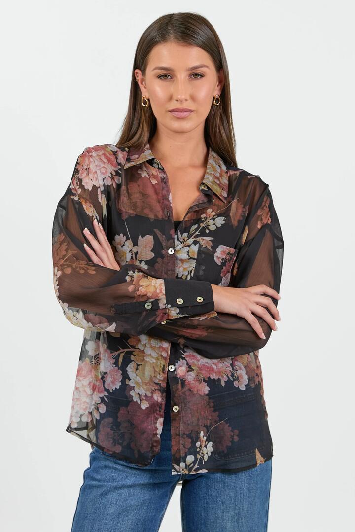 Image of Shirts. Product name - Stencil Black Bouquet Long Sleeve Sheer Blouse in Black Bouquet colour by brand - By Rosa.