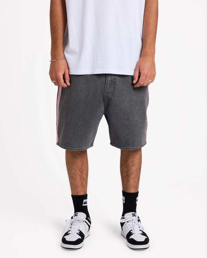 Image of a model wearing Shorts. Product name - Quiksilver Mens System Denim Shorts Dark Smoke in Dark Smoke colour by brand - Quiksilver