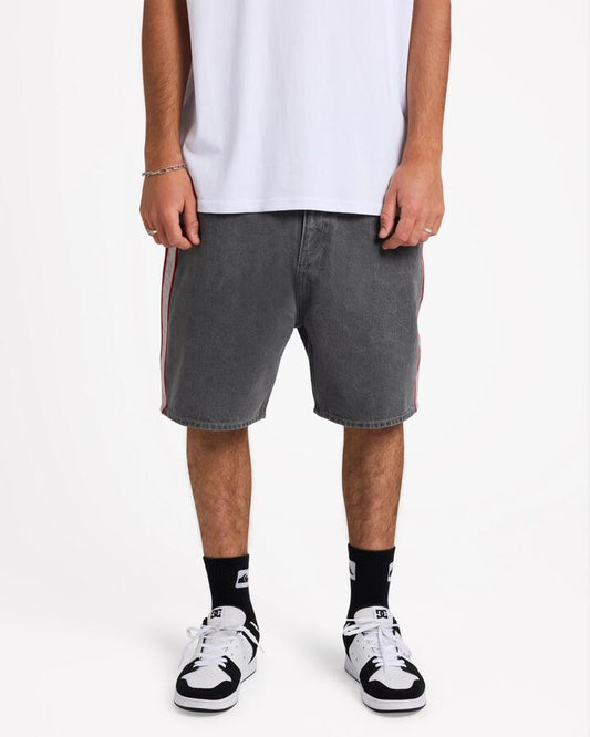 Image of a model wearing Shorts. Product name - Quiksilver Mens System Denim Shorts Dark Smoke in Dark Smoke colour by brand - Quiksilver