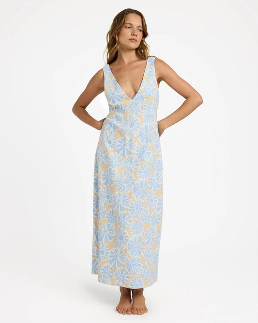 Image of Dresses. Product name - Roxy Womens Daisy Haze Midi Dress Windsurfer in Windsurfer colour by brand - Roxy