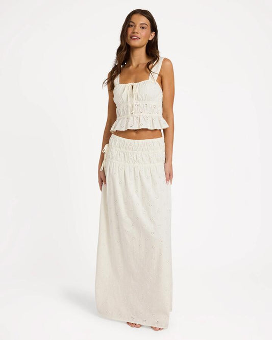 Image of a model wearing Skirts. Product name - Roxy Womens Lucky One Maxi Skirt Coconut Milk in Coconut Milk colour by brand - Roxy