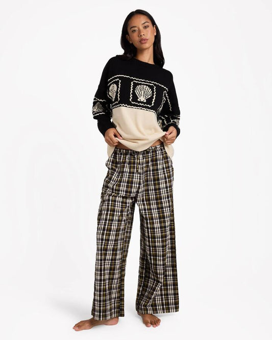 Image of a model wearing Pants. Product name - Billabong Womens Wonders Elastic Waist Pant Black Sands in Black Sands colour by brand - Billabong