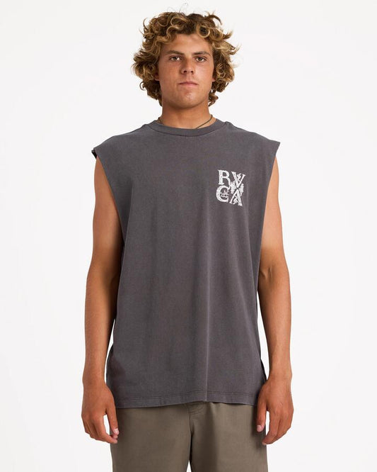 Image of a model wearing Tops. Product name - Rvca Mens Ornate Muscle Pirate Black in Pirate Black colour by brand - Rvca