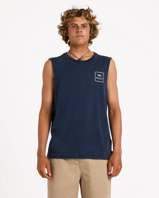Image of a model wearing Tops. Product name - Rvca Mens Va All The Ways Muscle Shirts Navy Marine in Navy Marine colour by brand - Rvca