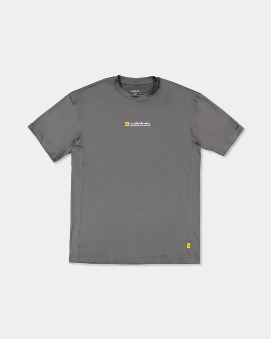 Image of a model wearing Tops. Product name - Quiksilver Mens Sea Grass Uv+ Short Sleeve Rashguard Iron Gate in Iron Gate colour by brand - Quiksilver