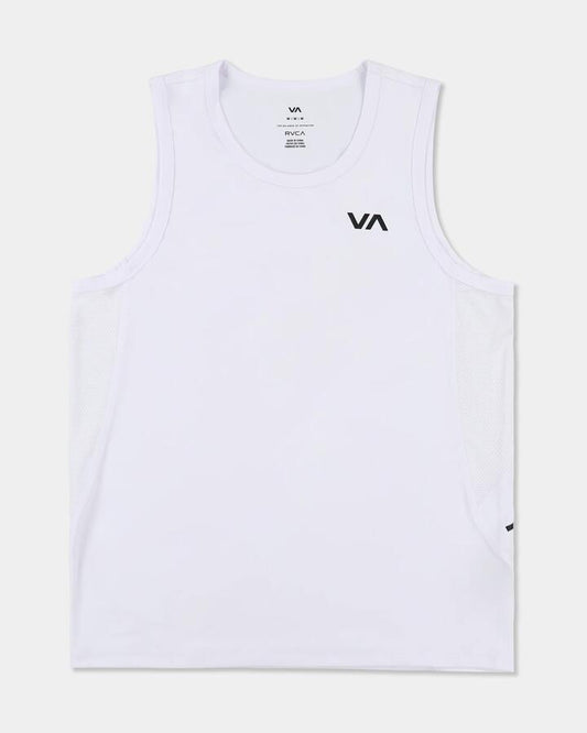 Image of a model wearing Tops. Product name - Rvca Mens Sport Vent Muscle White in White colour by brand - Rvca