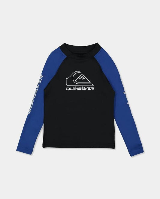 Image of a model wearing Tops. Product name - Quiksilver Boys 2-7 On Tour Long Sleeve Rash Vest Monaco Blue in Monaco Blue colour by brand - Quiksilver