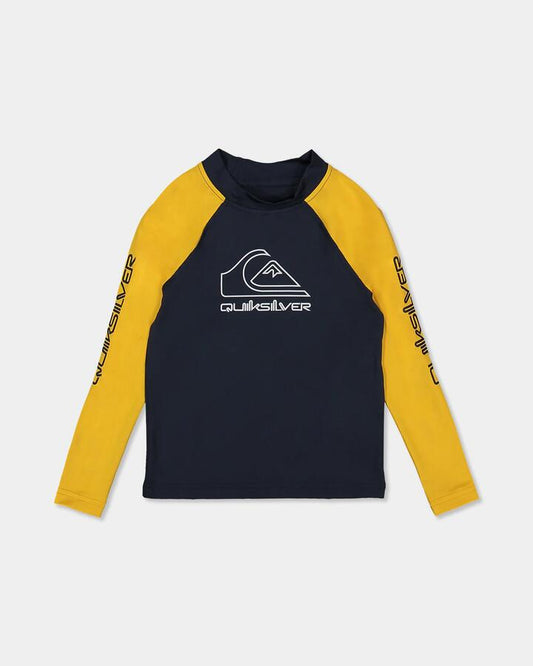 Image of a model wearing Tops. Product name - Quiksilver Boys 2-7 On Tour Long Sleeve Rash Vest Mineral Yellow in Mineral Yellow colour by brand - Quiksilver