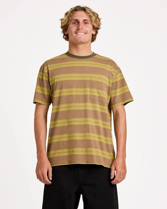 Image of a model wearing Tops. Product name - Volcom Mens Frequency Crew Short Sleeve Shirts Earth in Earth colour by brand - Volcom