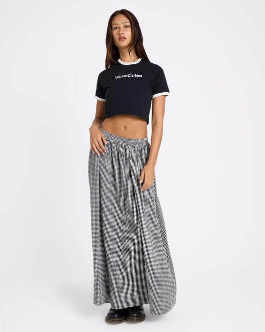 Image of a model wearing Skirts. Product name - Volcom Womens Speak Up Skirt Black in Black colour by brand - Volcom