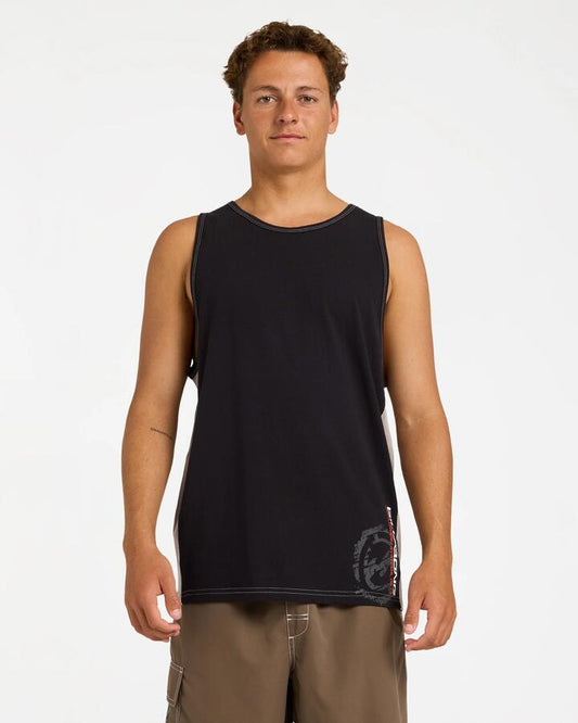 Image of a model wearing Tops. Product name - Billabong Mens Spec 73 Blast Tank Top Off Black in Off Black colour by brand - Billabong