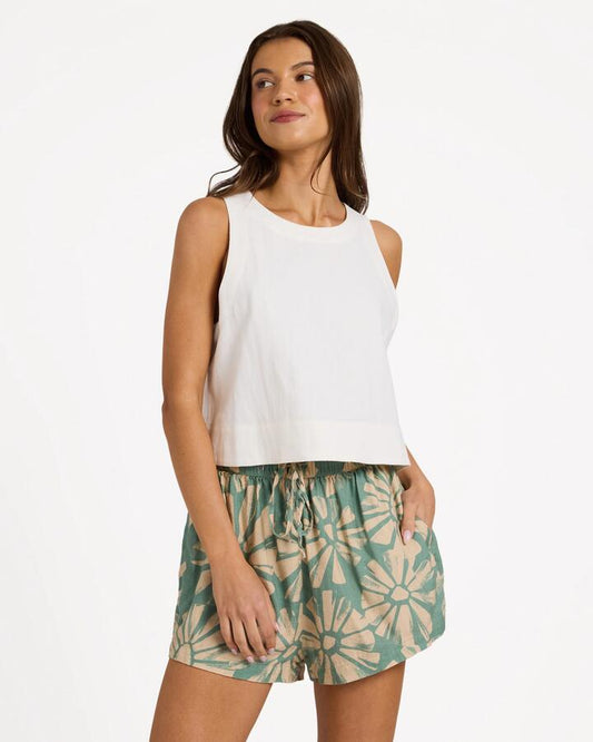 Image of a model wearing Shorts. Product name - Roxy Womens Suntribe Elastic Waist Shorts Matcha in Matcha colour by brand - Roxy
