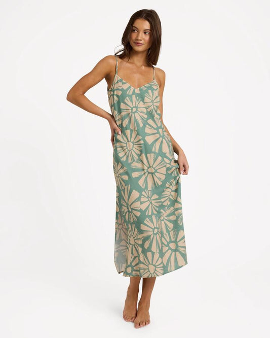 Image of Dresses. Product name - Roxy Womens Suntribe Midi Dress Matcha in Matcha colour by brand - Roxy