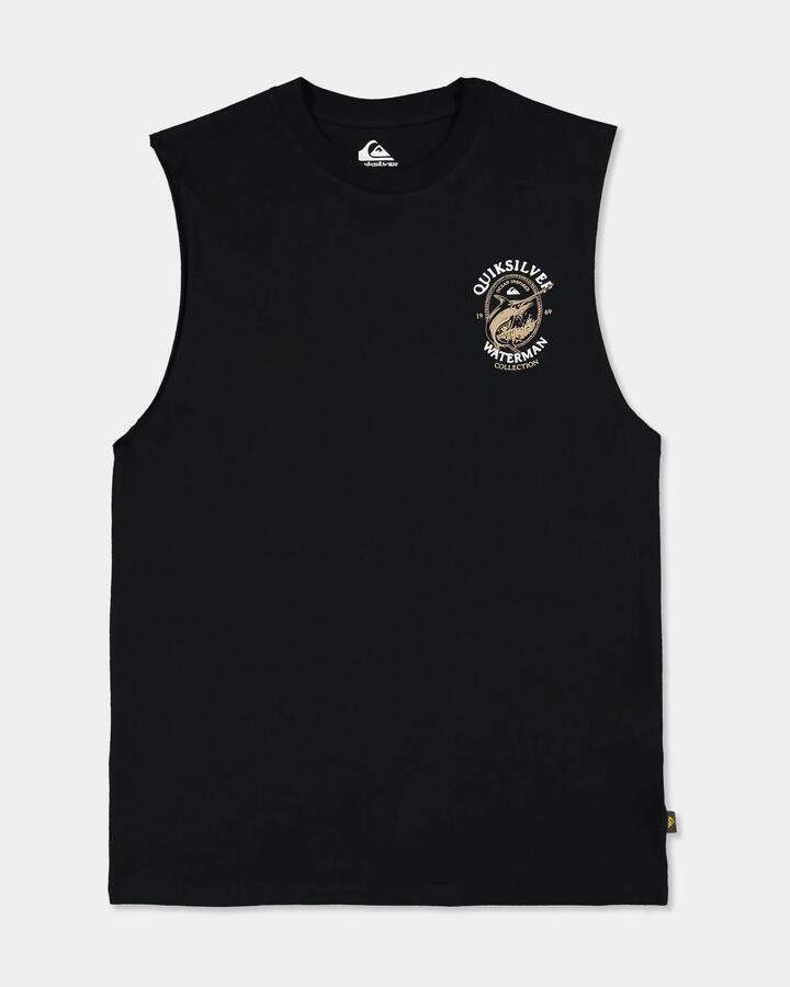 Image of a model wearing Tops. Product name - Quiksilver Mens Hard Line Muscle Top Black in Black colour by brand - Quiksilver