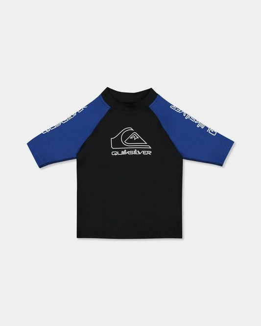 Image of a model wearing Tops. Product name - Quiksilver Boys 2-7 On Tour Short Sleeve Rash Vest Monaco Blue in Monaco Blue colour by brand - Quiksilver