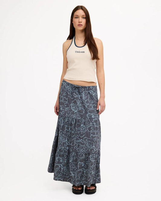 Image of a model wearing Skirts. Product name - Volcom Womens Boa Maxi Skirt Blue in Blue colour by brand - Volcom