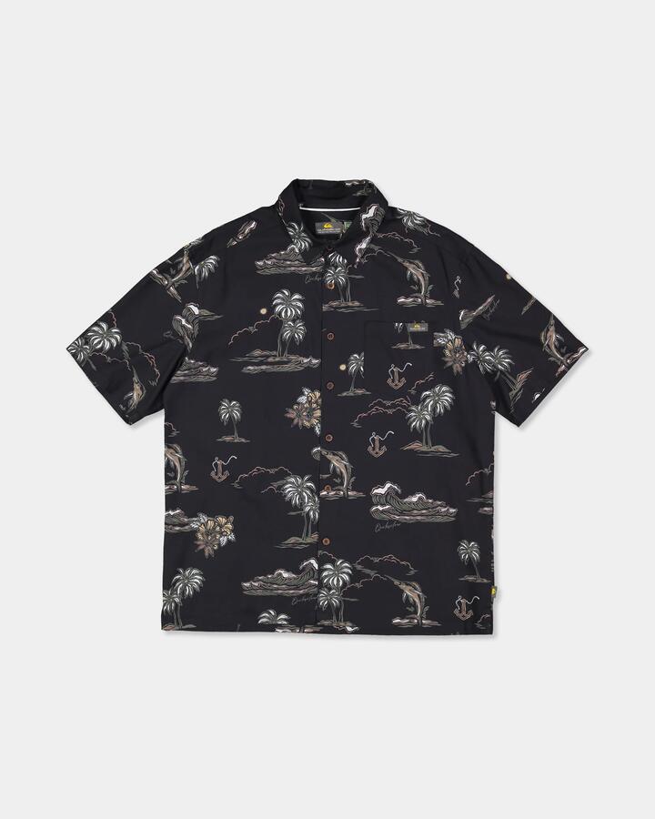 Image of a model wearing Tops. Product name - Quiksilver Mens Ocean Short Sleeve Shirt Black in Black colour by brand - Quiksilver