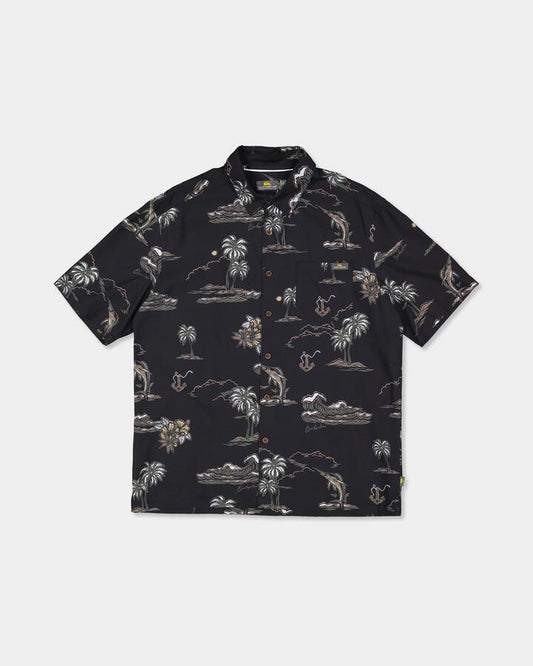 Image of a model wearing Tops. Product name - Quiksilver Mens Ocean Short Sleeve Shirt Black in Black colour by brand - Quiksilver