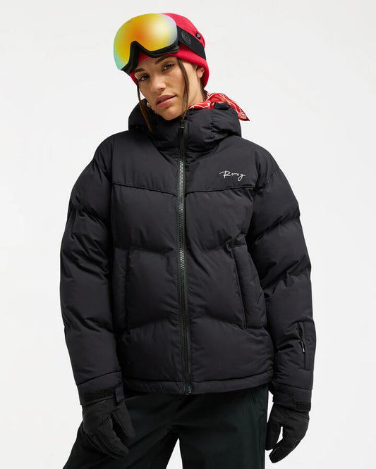 Image of a model wearing Outerwear. Product name - Roxy Womens 15K Alofted Puffer Jacket True Black in True Black colour by brand - Roxy