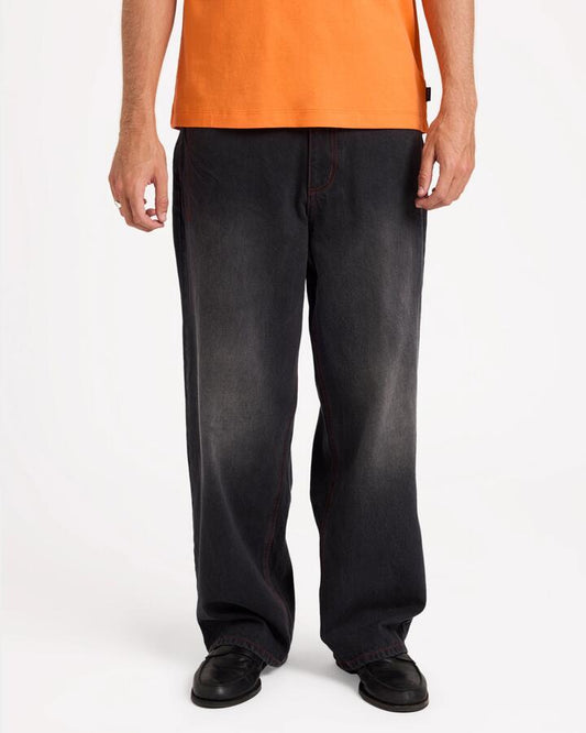 Image of Jeans. Product name - Rvca Mens Stitch Baggy Denim Pants Black in Black colour by brand - Rvca