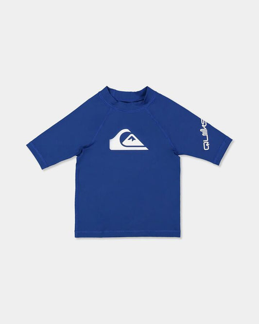 Image of a model wearing Tops. Product name - Quiksilver Boys 2-7 All Time Short Sleeve Rash Vest Monaco Blue in Monaco Blue colour by brand - Quiksilver