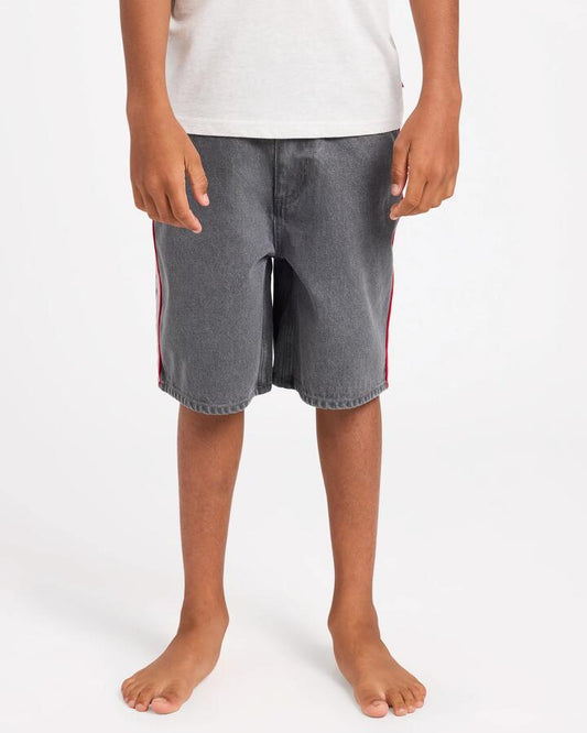 Image of a model wearing Shorts. Product name - Quiksilver Boys 8-16 System 19" Denim Shorts Dark Smoke in Dark Smoke colour by brand - Quiksilver