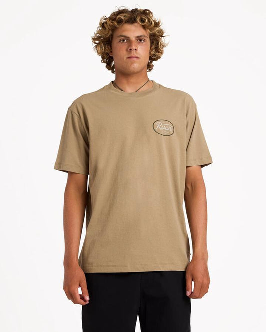 Image of T-Shirts. Product name - Rvca Mens Standard Script T-Shirt Coyote in Coyote colour by brand - Rvca