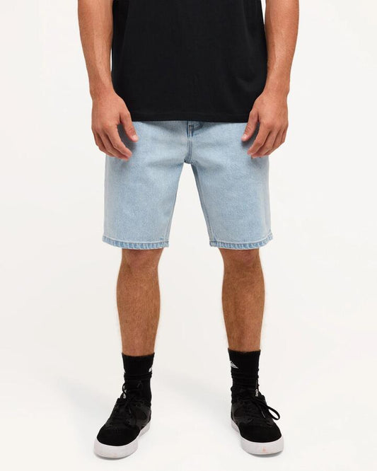 Image of a model wearing Shorts. Product name - Quiksilver Mens Aqua Cult Denim Shorts Bleached Blue in Bleached Blue colour by brand - Quiksilver