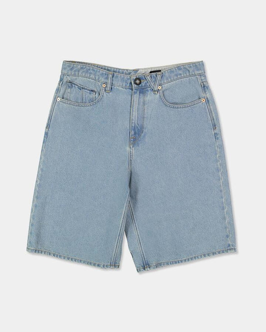 Image of a model wearing Shorts. Product name - Volcom Mens Chillow 2 24" Denim Shorts Stone Blue in Stone Blue colour by brand - Volcom