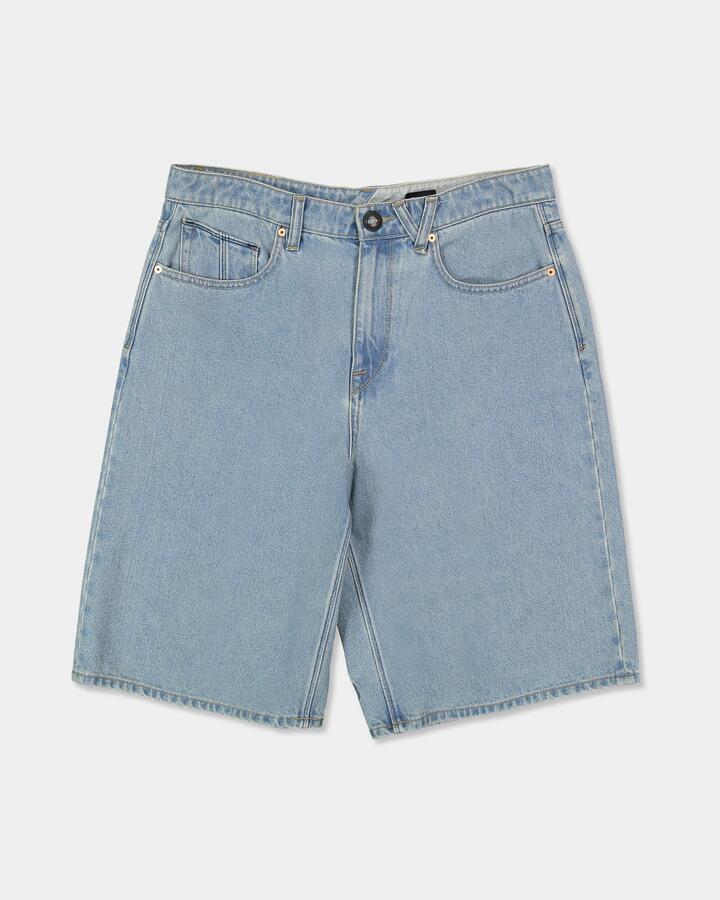 Image of a model wearing Shorts. Product name - Volcom Mens Chillow 2 24" Denim Shorts Stone Blue in Stone Blue colour by brand - Volcom