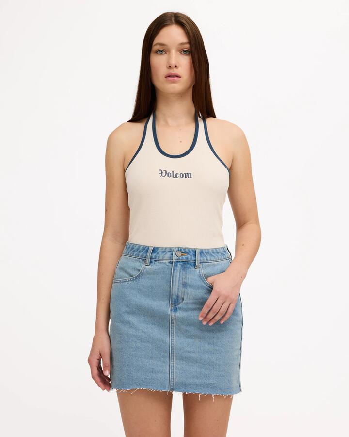 Image of a model wearing Skirts. Product name - Volcom Womens Ramped Mini Denim Skirt Stone Blue in Stone Blue colour by brand - Volcom