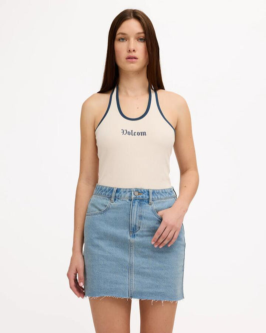 Image of a model wearing Skirts. Product name - Volcom Womens Ramped Mini Denim Skirt Stone Blue in Stone Blue colour by brand - Volcom