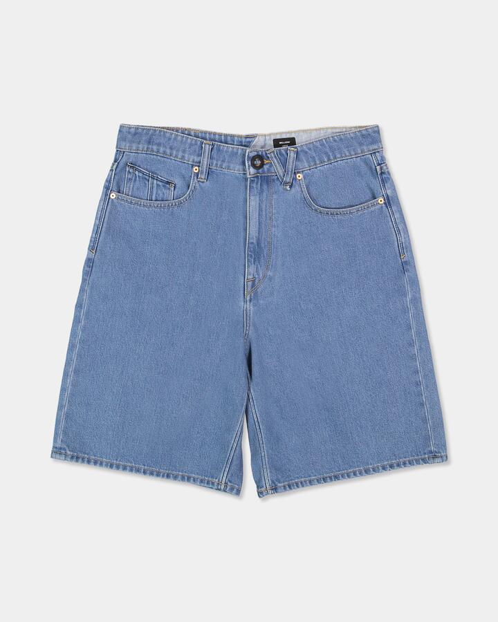 Image of a model wearing Shorts. Product name - Volcom Mens Billow 2 22" Denim Shorts Cali Blue in Cali Blue colour by brand - Volcom
